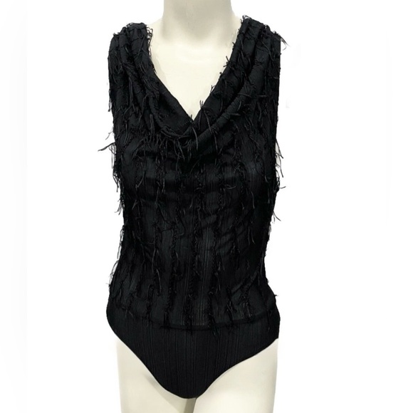 Zara Tops - ZARA Black Textured Fringe Bodysuit Sleeveless V-Neck Women’s Small